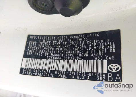 2016 Toyota Corolla L из США, поврежденный, VIN 5YFBURHE0GP386940